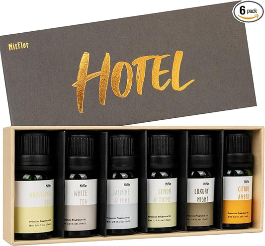 Hotel Fragrance Diffuser Oil Gift Set - Premium 6 x 10 ml, 0.34 fl oz, MitFlor Luxury Hotel Essential Oils Diffuser Scents - Inspired by the Hilton, Marriott, Shangri-La, Four Seasons, and W Hotel