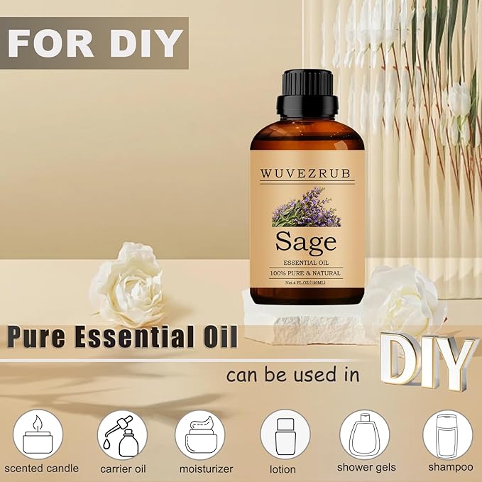 Sage Essential Oils, 120ML Pure and Natural Essential Oil for Aromatherapy Diffuser - Sage /4 Fl Oz