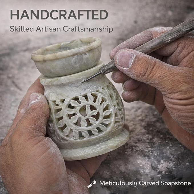 Marble Soapstone Candle Aroma Burner | Oil Diffuser | Tea Light Holder | Wax Burner- Handmade Flower Carving for Gifting & Decoration | Decorative Home and Office Decor.