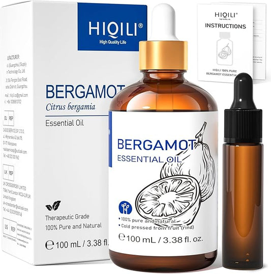 HIQILI Bergamot Essential Oil for Diffuser, Skin, Hair, DIY, 100% Pure & Natural - 3.38 Fl Oz (100 mL)