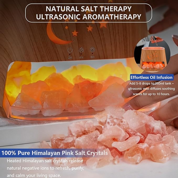 Flame Essential Oil Diffuser & Himalayan Salt Lamp: 260ml Aromatherapy Diffuser & Ultrasonic Cool Mist Humidifier with Himalayan Pink Salt Rock, Remote, 7-Color LED, 3 Timer (Moon Star + Wood Grain)