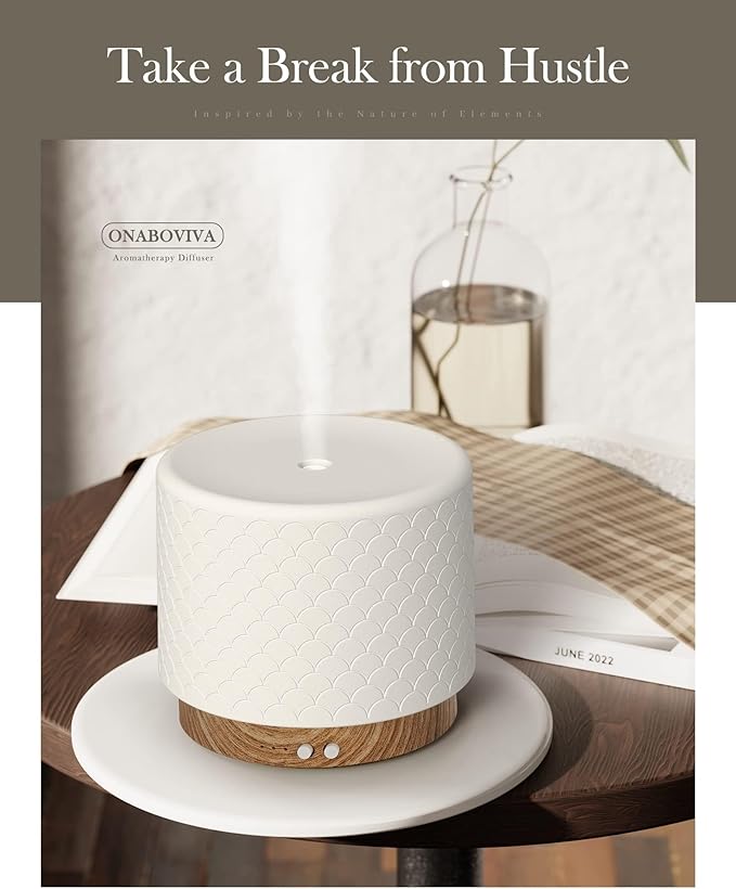 280ml Ceramic Ultrasonic Aromatherapy Diffuser | Cool Mist Humidifier for Large Rooms, Auto Shut-Off, Quiet Sleep Mode & 3 Timer Settings – Ideal for Home, Office, Spa, Yoga, and Bedroom