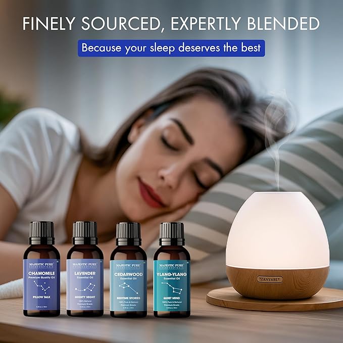 Majestic Pure, Restful Night Essential Oil Gift Set | 100% Pure & Natural Set for Soothing Nighttime and Self-Care Rituals | Lavender, Ylang Ylang, Cedarwood, Chamomile - Pack of 4