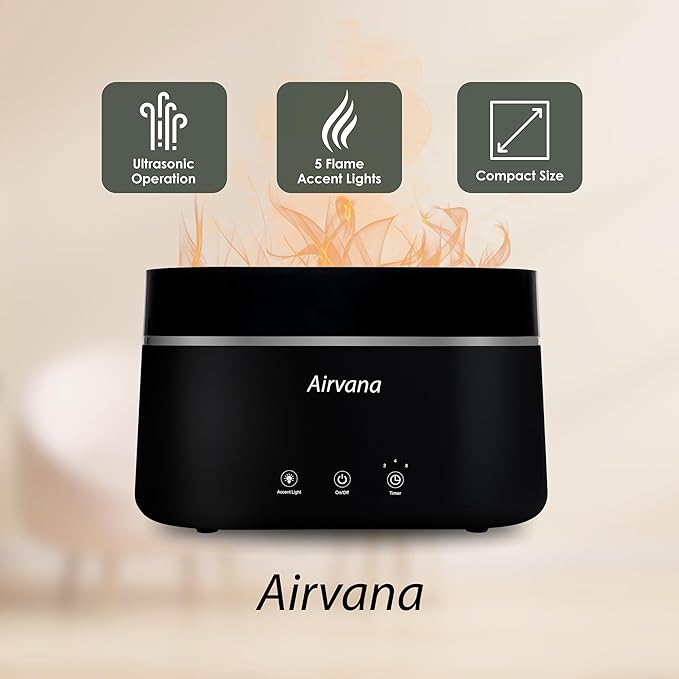 Airvana AquaFlame Ultrasonic Humidifier (.75L / .20 Gal) - Vibration Technology Humidifier with Essential Oil Diffuser – Tabletop Design for Personal Use, Dorm Rooms, & Desks - Taupe