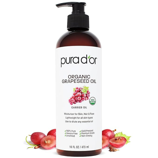 PURA D'OR ORGANIC Grapeseed Oil (16 Oz) 100% Pure & Natural USDA Certified Cold Pressed Carrier Oil - Light & Silky, Unscented, Hexane Free Liquid Moisturizer - Face Skin & Hair - Men & Women