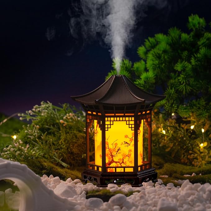 Zen Pavilion Lantern Aroma Diffuser & Night Light - 160ml Essential Oil Diffuser with 2 Mist Modes - Japanese Style Zen Garden Humidifier for Yoga, Meditation, Spa & Sleep - Warm/White Light (Light)