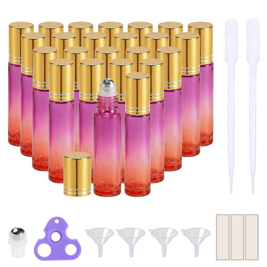 PrettyCare 24 Pack, 10 ml Essential Oil Roller Bottles with Stainless Steel Roller Ball - Refillable Leak-proof Empty Thick Red & Purple Glass Roll on Bottles with Golden Caps for Travel, Perfume