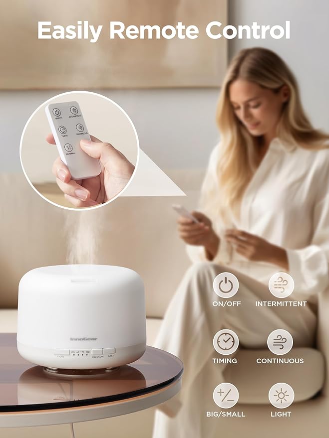 InnoGear 500ml Essential Oil Diffuser with Remote Control, Premium Ultrasonic Aromatherapy Diffusers Mother's Gift Scent Humidifier Vaporizer Auto-Off Timer for Large Room Home, Basic White