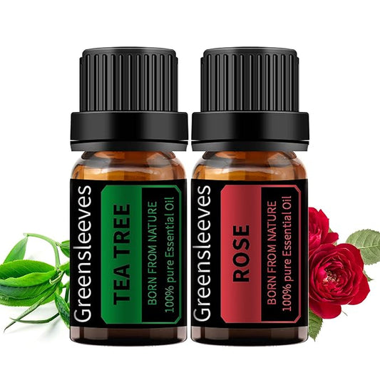 GREENSLEEVES Rose and Tea Tree Essential Oil Set, 2 x 10ml Pure Plant-Based Fragrance Oil for Aromatherapy, Essential Oils for Diffuser, Massage, Bath Bomb, Scented Candle Soap Making