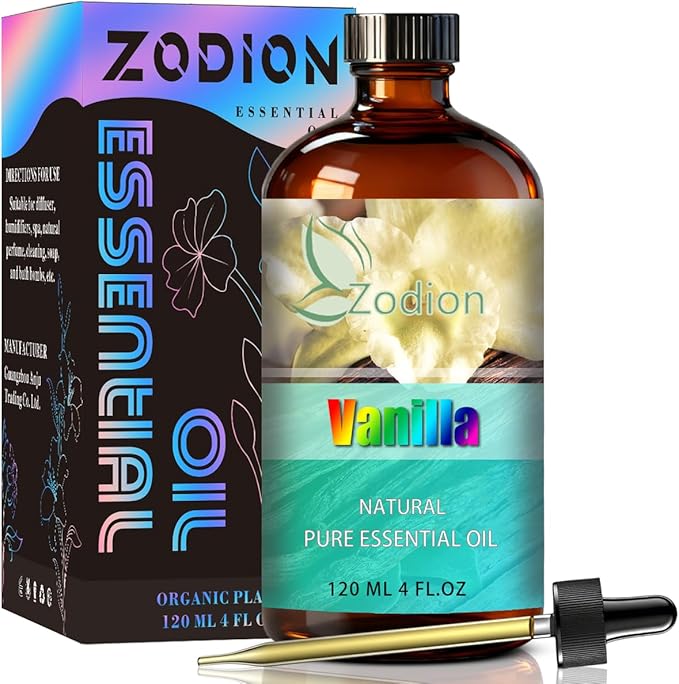 Vanilla Essential Oil, 4 fl oz (120ml) - ZODION Vanilla Fragrance Oil for Diffuser, Massage, Humidifier, DIY Candle, Soap Making, Home, Bath, Yoga