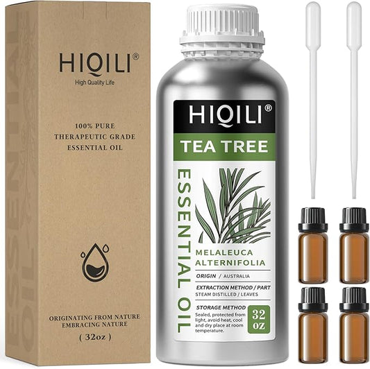HIQILI Tea Tree Oil 32 Fl Oz, for Skin, Hair, Nail, Diffuser, Soap Making, Includes Four Portable Decanters