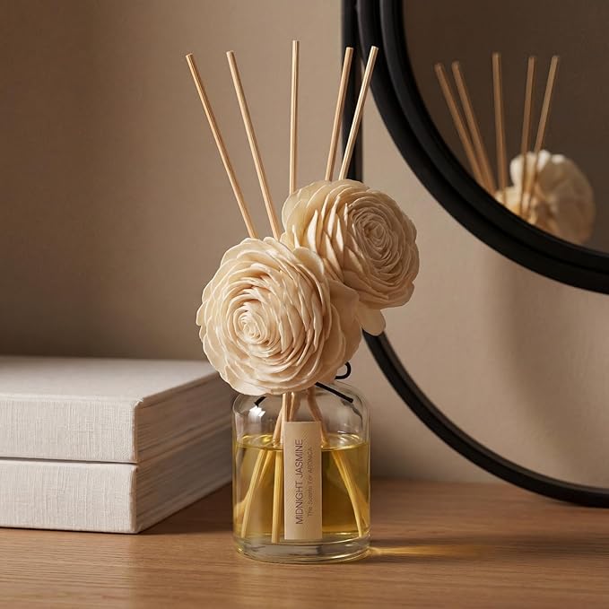 Aronica Twin Sola Diffuser - Midnight Jasmine Fragrance, 160ml / 5.41 Floz, Bedroom Nightstand Table Top Deor, Jasmine Essential Oil defusser with Flower, Bathroom Counter Decor, Apartment Entryway