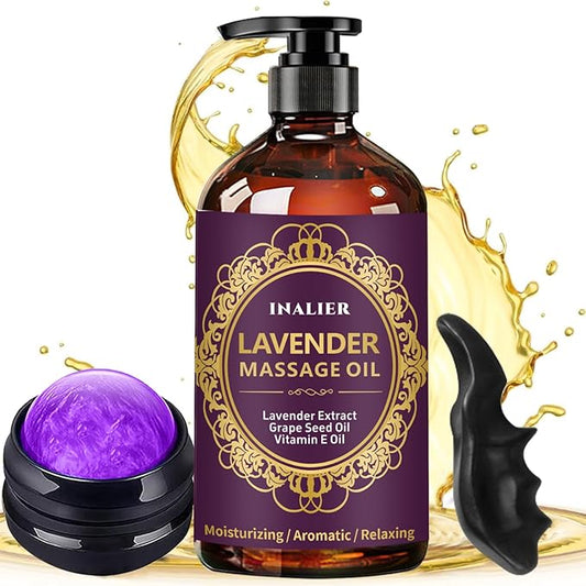 Massage Oil for Massage Therapy,﻿Lavender Oil with Massage Roller Ball & Thumb Saver,SPA Relaxing Oi for Soothing,Massage Kit Spa Gifts for Him Her,Gifts for Men Women