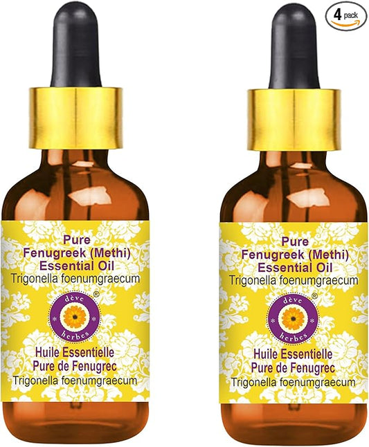 Deve Herbes Pure Fenugreek (Methi) Essential Oil (Trigonella foenumgraecum) with Glass Dropper Steam Distilled (Pack of Two) 100ml X 2 (6.76 oz)