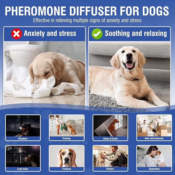 Dog Pheromone Calming Diffuser 4 in 1 Appeasing Pet Pheromones Diffuser to Calm Kit (Plug in+ 3 Pack 48ml Refill) for Anxiety Relief Reduce Barking Aggression Fighting Stress