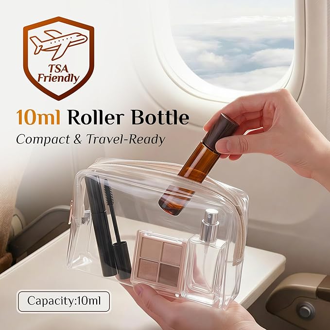 PrettyCare 12 Pack, 10 ml Essential Oil Roller Bottles with Stainless Steel Roller Ball - Refillable Leak-proof Empty Thick Amber Glass Roll on Bottles with Wooden Caps for Travel, Perfume