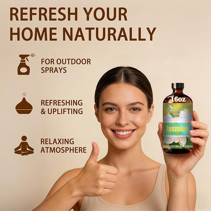 Jasmine Essential Oil, 16 fl oz (480ml) - ZODION Jasmine Fragrance Oil for Diffuser, Massage, Humidifier, DIY Candle, Soap Making, Home, Bath, Yoga