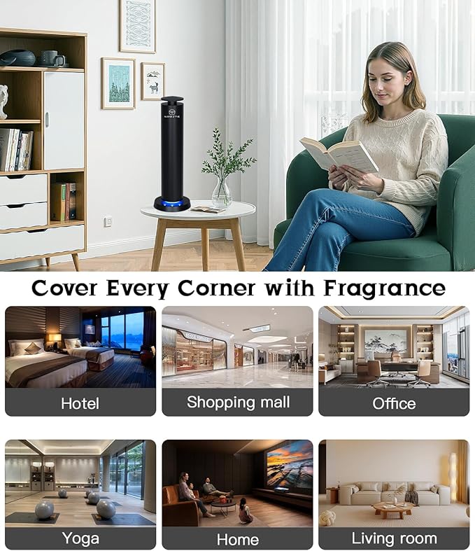 Waterless Diffuser Wireless Rechargeable Essential Oil Diffusers with LED Light – Bedroom Quiet Mist 1800 Sq Ft Coverage, APP+Remote+Button Control 120ml Metal Scent Machine Starter Kit (Black)
