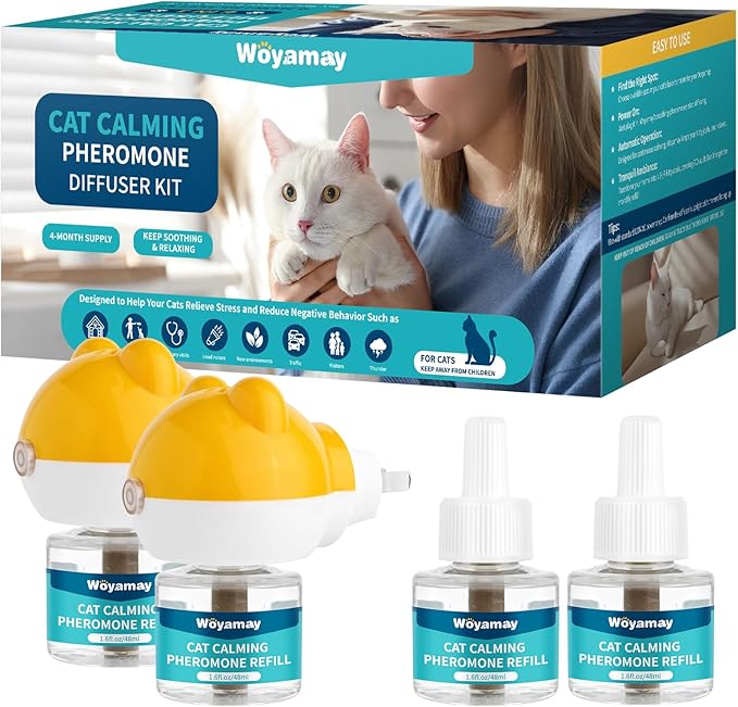 Woyamay Cat Calming Diffuser - Cat Pheromones Calming Diffuser for Cat Anxiety Relief 6-in-1 Cat Pheromone Diffuser Kit with 2 Diffuser + 4 Refill 48ml Vial - 120 Days Pheromone Diffuser to Calm Cats