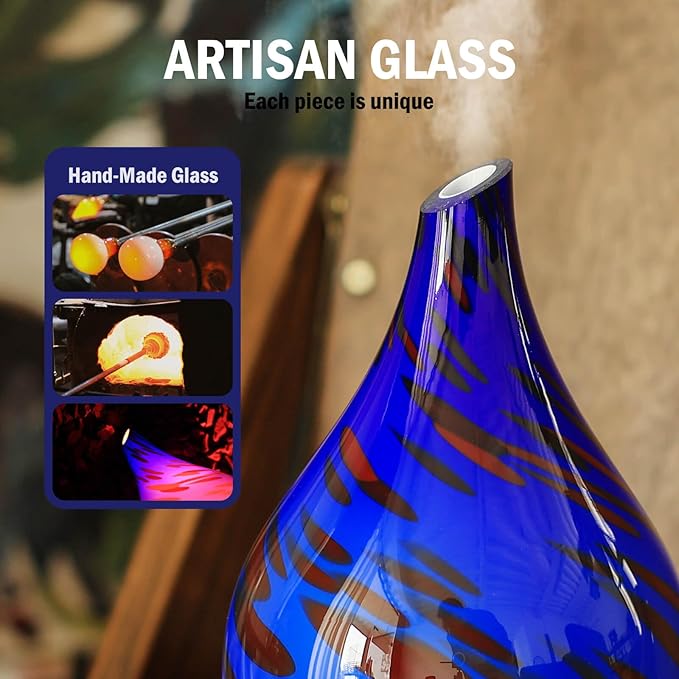 Porseme Essential Oil Diffuser Hand-Blown Glass Aroma Diffusor, Aromatherapy Unltrasonic Cool Mist deffuser, 7 Color Changing, Waterless Shut-Off, Timer Function for Home Office(150ml, Cobalt Blue)