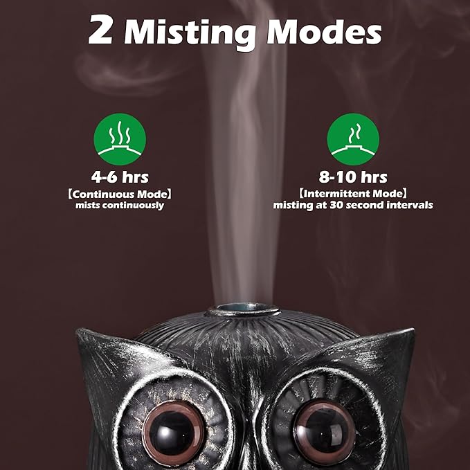 ALIEYE Owl Essential Oils Diffuser Upgraded Design Ceramic Hand-Painted 200ML Quiet Cool Mist Humidifier with Waterless Shut-Off 7 Colors LED Lights & 2 Mist Modes for Bedroom Home Office, Silver