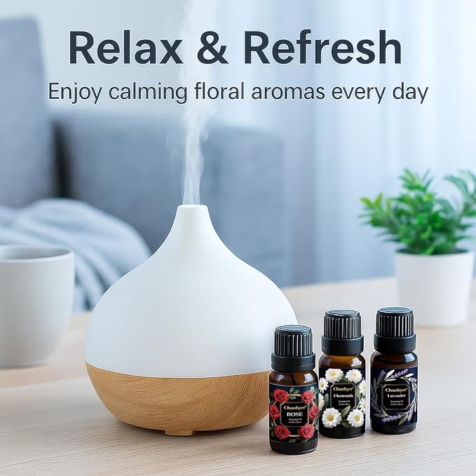 Floral Essential Oils Set 6 x 10ml–Gardenia, Jasmine, Rose, Chamomile, Cherry Blossom, Lavender–Pure Fragrance Oils for Diffuser, Aromatherapy and Gift