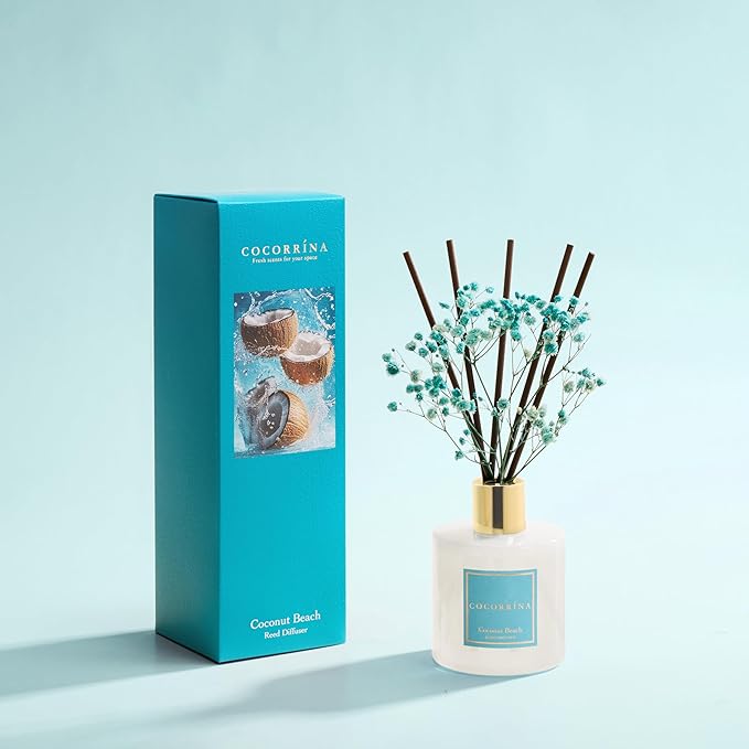 COCORRÍNA Reed Diffuser - Coconut Beach 6.7 fl oz Reed Diffuser with Sticks, Bedroom Bathroom Shelf Decor