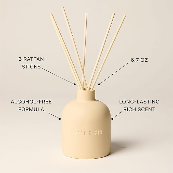 Craft & Kin Reed Diffuser for Home & Bathroom – Neroli & Jasmine Holiday Reed Diffuser Set with Fragrance Sticks, Long-Lasting Alcohol-Free Winter Scent, Earthenware Collection, 6.7oz