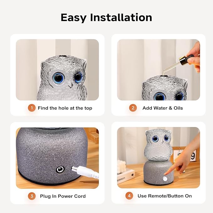 DAROMA Handcrafted Pottery Stone & Glass Essential Oil Diffuser,Owl Portable Waterless Aromatherapy Diffuser,Auto Shut-Off & Adjustable Light,Gift for Home, Office, Travel