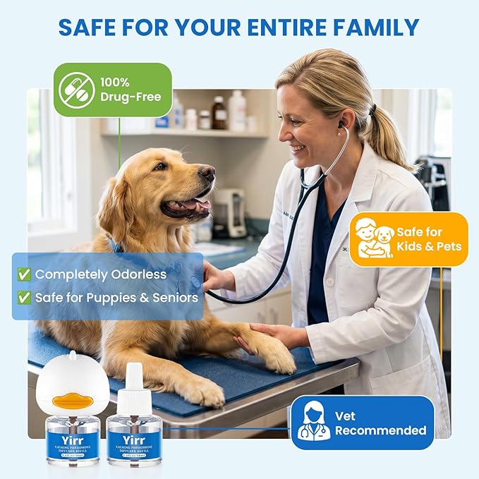 Dog Calming Pheromone Diffuser Kit, 60 Days Long Lasting Calming Diffuser for Dogs, Relieves Anxiety, Barking, Fighting, Destructive Behavior & Accidental Peeing, 2 Diffusers 6 Refills, Odorless
