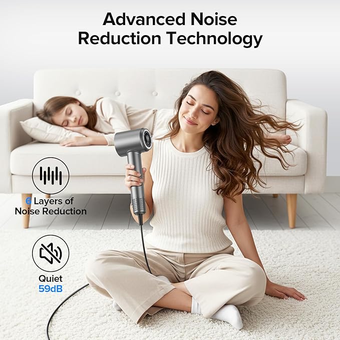 Low Noise Hair Dryer, 150000 RPM Brushless Motor with 500M Negative Ions, Fast-Dry Lightweight ThermoControl, Magnetic Diffuser & Nozzle, 5 Heat & 3 Speeds, Salon Blow Dryer for Home Travel All Hair