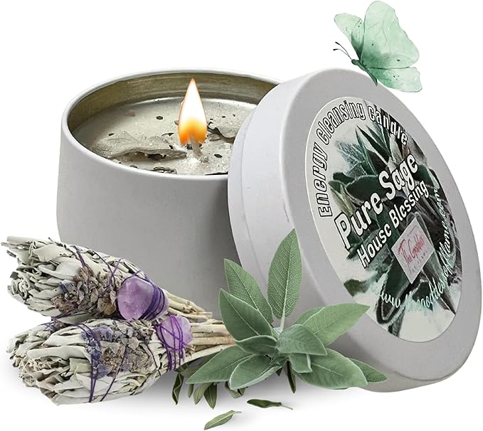 White Sage Candle | Energy Cleansing | Cleansing House Negative Energy Smudge Kit | Soy Wax Natural Clean Organic Non Toxic - Aromatherapy Spiritual Meditation Gifts | Long Lasting (Medium 8oz)