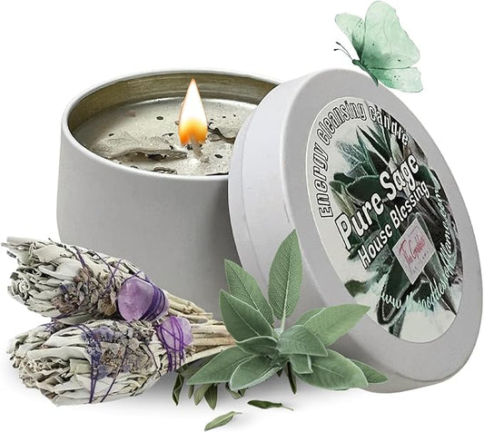 White Sage Candle | Energy Cleansing | Cleansing House Negative Energy Smudge Kit | Soy Wax Natural Clean Organic Non Toxic - Aromatherapy Spiritual Meditation Gifts | Long Lasting (Medium 8oz)