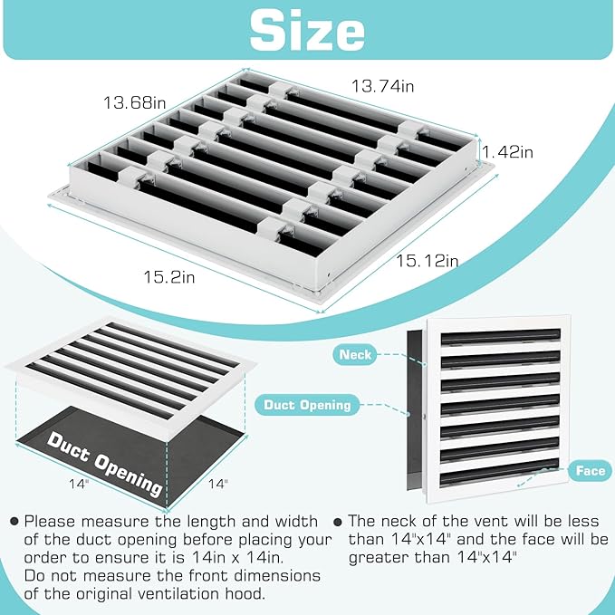 14x14 Modern AC Vent Cover, Decorative White Air Vent (Duct Opening Cutout), All Aluminium Standard Linear Slot Diffuser, Low Noise - Register Grille for Ceiling, Walls & Floors