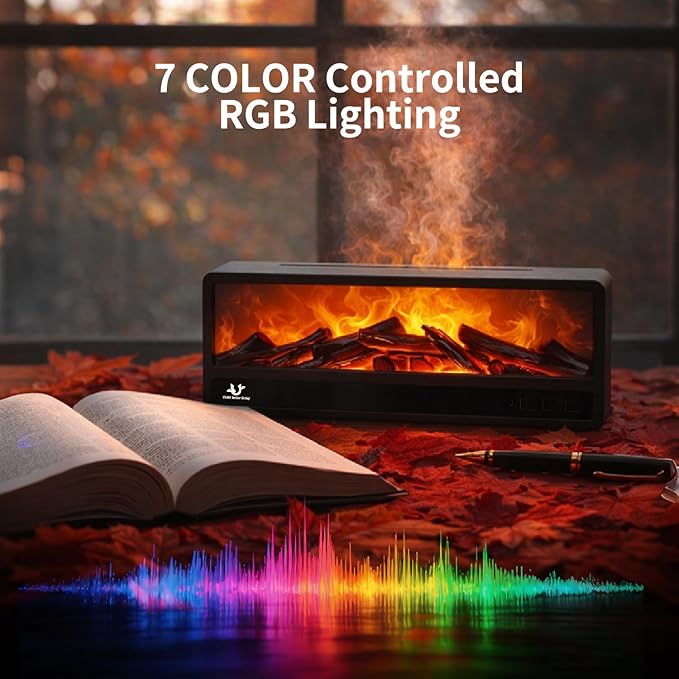 Fireplace Flame Humidifier with Magnetic Remote, 250ml Flame Diffuser, 7-Color Ambient Light, Quiet Aromatherapy Humidifier for Bedroom & Home Decor（matte black）