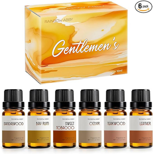 RAINBOW ABBY Fragrance Oil Gentlemen's Set - Leather, Bay Rum, Teakwood, Cedar, Sweet Tobacco, Sandalwood Aromatherapy Oils for Candle & Soap Making, Diffuser Oil Scents (6x10ML)
