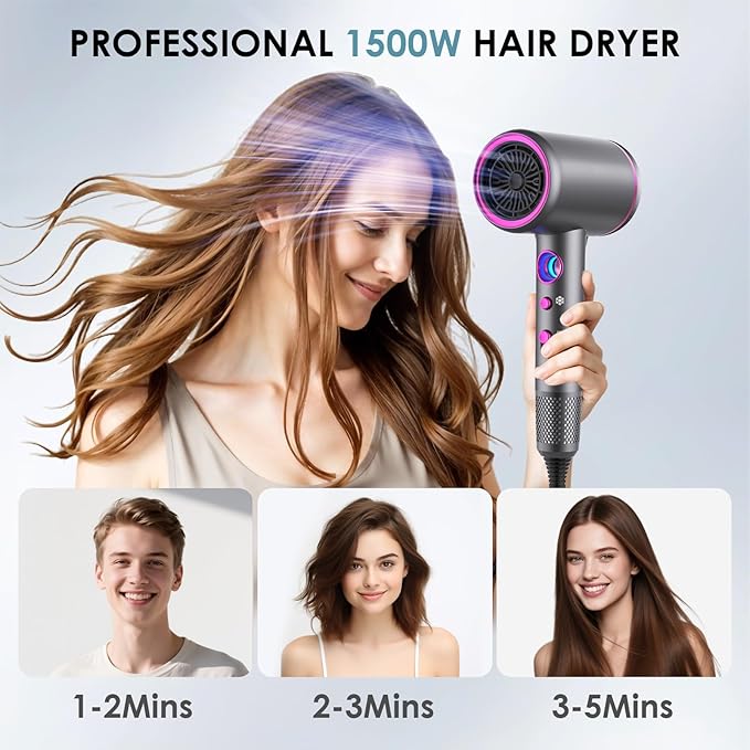 Hair Dryer, Professional Ionic Hair Dryer, Powerful 2200W Fast Drying Low Noise Blow Dryer with 2 Concentrator Nozzle 1 Diffuser Attachments for Women and Men (Gray)