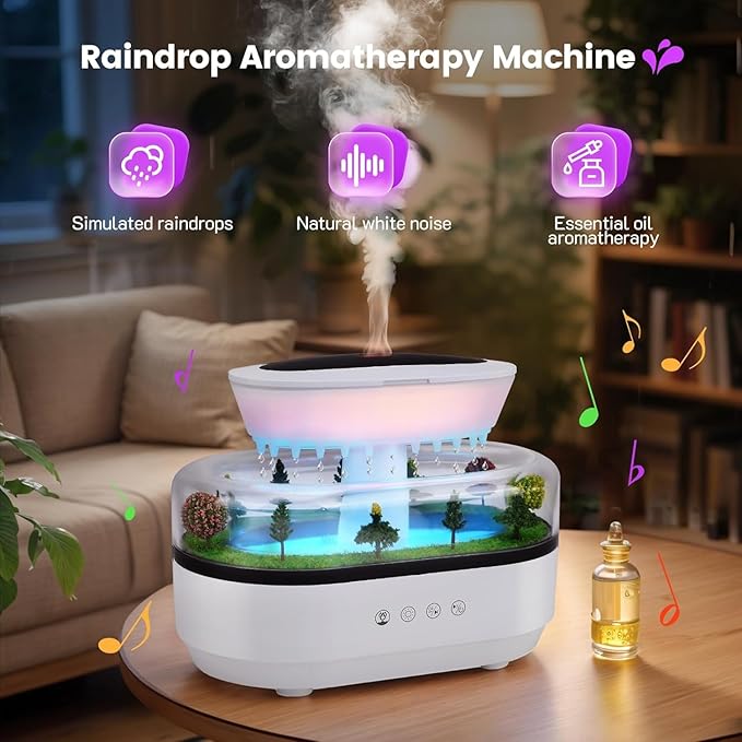 Essential Oil Diffuser 250ML Air Humidifier with 7-Color Adjustable LED Ambient Light,Water Drip Sound,Micro Landscape,Ultrasonic Quiet Mist,Ideal for Bedrooms,Offices & Plants (White)