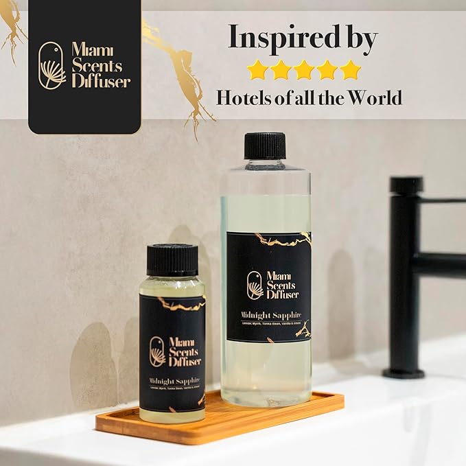 Midnight Sapphire Noir Essential Oil Refill Luxury Hotel Inspired, Long Lasting Aroma for Home & Office Diffuser, 120 ml Fresh Blend of Lavender, Vanilla & Almond - Scent for Spa Wellness Aromatherapy