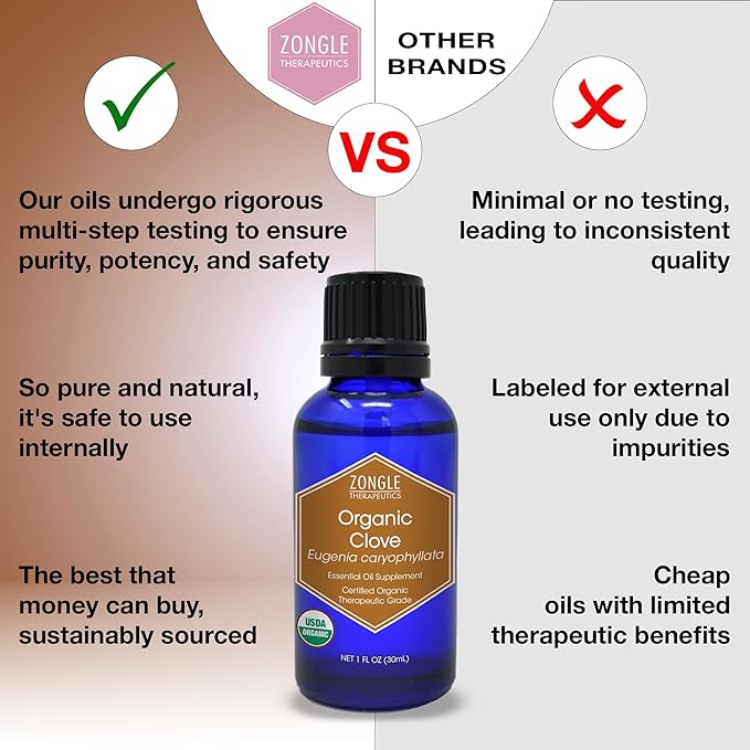 Organic, Clove Oil, Food Grade, for Teeth and Gums, Tooth Aches – 100% Pure, Clove, Bud, Essential, Oil, by Zongle Therapeutics, 1 OZ