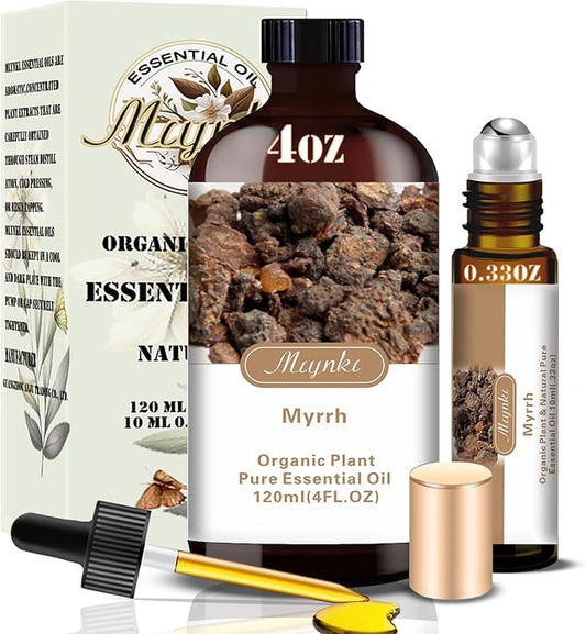 Myrrh Essential Oil – MLYNKL Myrrh Oils 4.33 fl oz for Diffusers, Humidifiers, Massage, DIY Candles, Soap, Cleaning, Home, Yoga, Office, Gifts - 130 ml