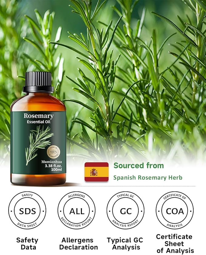 Rosemary Essential Oil, Mumianhua Pure Rosemary Oil Steam-Distilled for Scalp Revitalization & Hair Strength, Natural Focus for Diffuser & DIY, Skin 3.38 Fl Oz