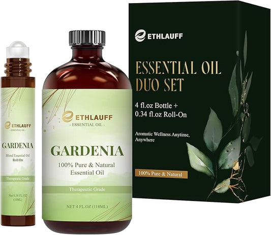 Gardenia Essential Oil (4 fl.oz Bottle + 0.34 fl.oz Roll-On) — Gardenia Oils for Aromatherapy, Diffusers, Humidifiers, Home fragrances, DIY Skincare, Candle, Soap Making, Relaxation,