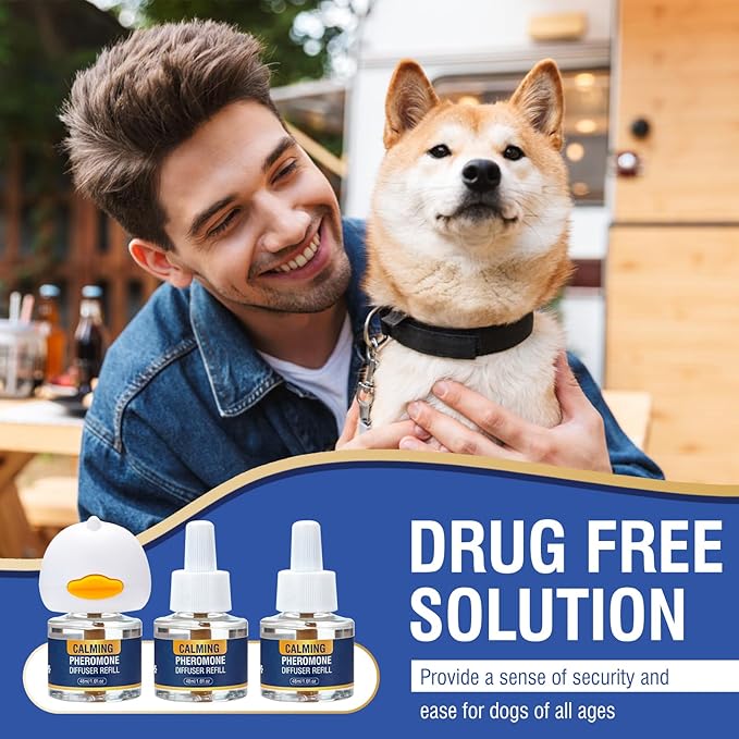 Dog Pheromone Calming Diffuser 4 in 1 Appeasing Pet Pheromones Diffuser to Calm Kit (Plug in+ 3 Pack 48ml Refill) for Anxiety Relief Reduce Barking Aggression Fighting Stress