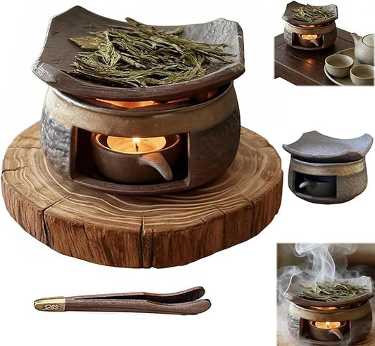 Ceramic Aromatherapy Stove Essential Oil Burner with Wooden Base,Cedar and Zen Herb Burner,Incense Burner Kit for Home Office Natural Fragrance Diffuser, Meditation Relaxation (1)
