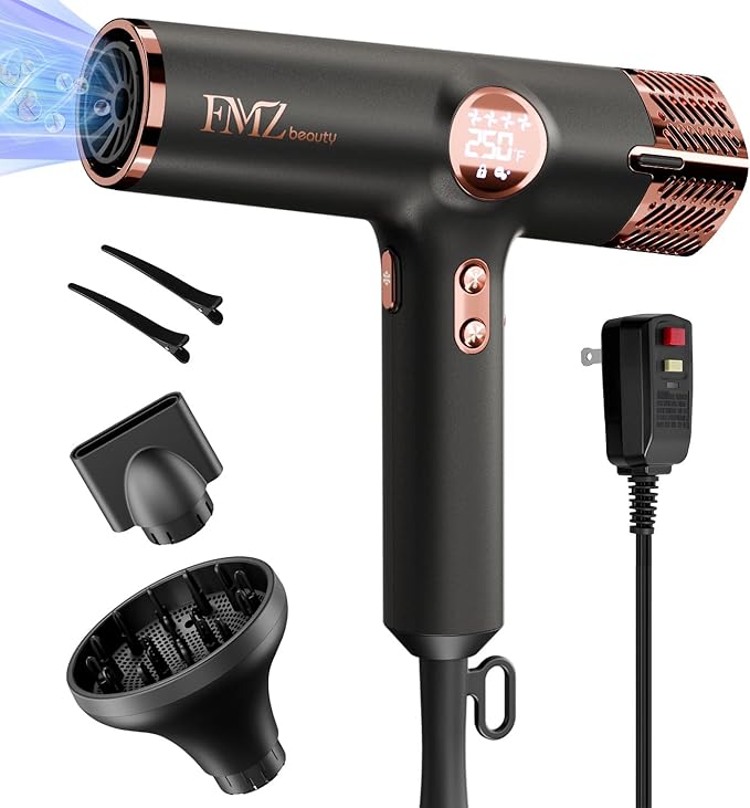 FMZ Professional Ionic Hair Blow Dryer Smart Display with Diffuser, 1875W High Speed Powerful BLDC Motor for Fast Drying, Mini Portable Lightweight Quiet, Curly Hairdryer for Men Women Salon Travel