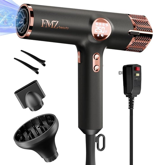 FMZ Professional Ionic Hair Blow Dryer Smart Display with Diffuser, 1875W High Speed Powerful BLDC Motor for Fast Drying, Mini Portable Lightweight Quiet, Curly Hairdryer for Men Women Salon Travel