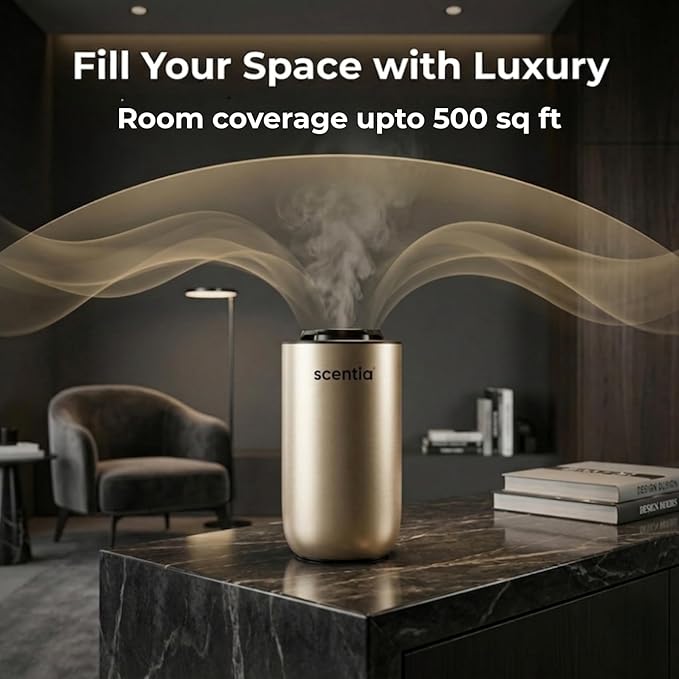 Scentia MiniPod Gold Waterless Diffuser for Essential Oil, Smart Car Air & Home Freshener with 3 Mist Levels & LED Light, Auto On/Off Rechargeable, Portable Scent Air Machine