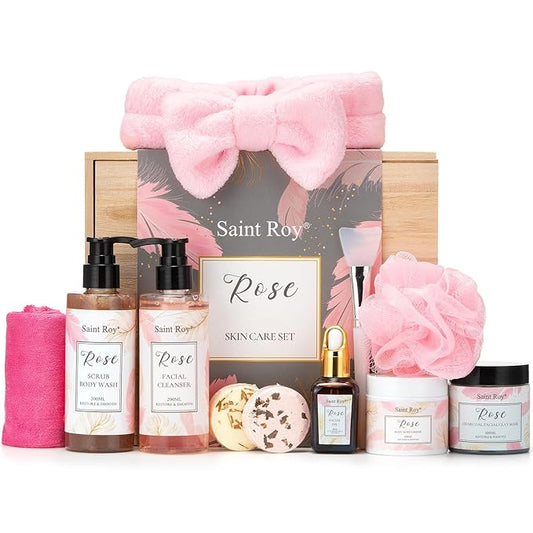 Mothers Day Gifts for Women, Spa Gifts for Women, Self Care Kit ROSE Bath and Body Gifts Set for Woman, Scrub Body Wash, Clay Mask, Essential Oil, Birthday Gift Skin Care Set, Christmas Gift