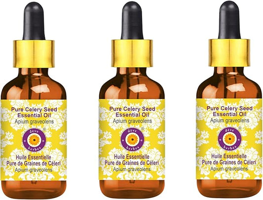 Deve Herbes Pure Celery Seed Essential Oil (Apium graveolens) with Glass Dropper Steam Distilled (Pack of Three) 100ml X 3 (10 oz)